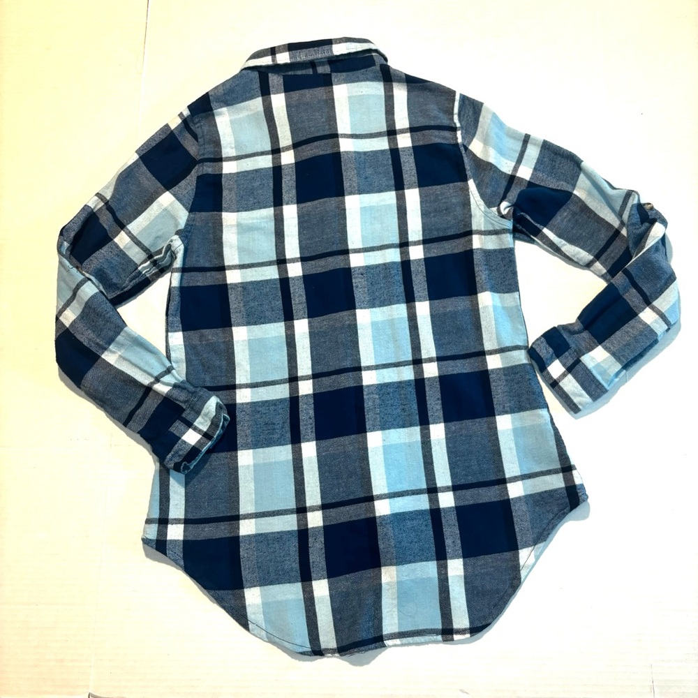 Passport Plaid Flannel Shirt Roll Tab Sleeve Blue Junior Size L or Womens Size S - Picture 2 of 9